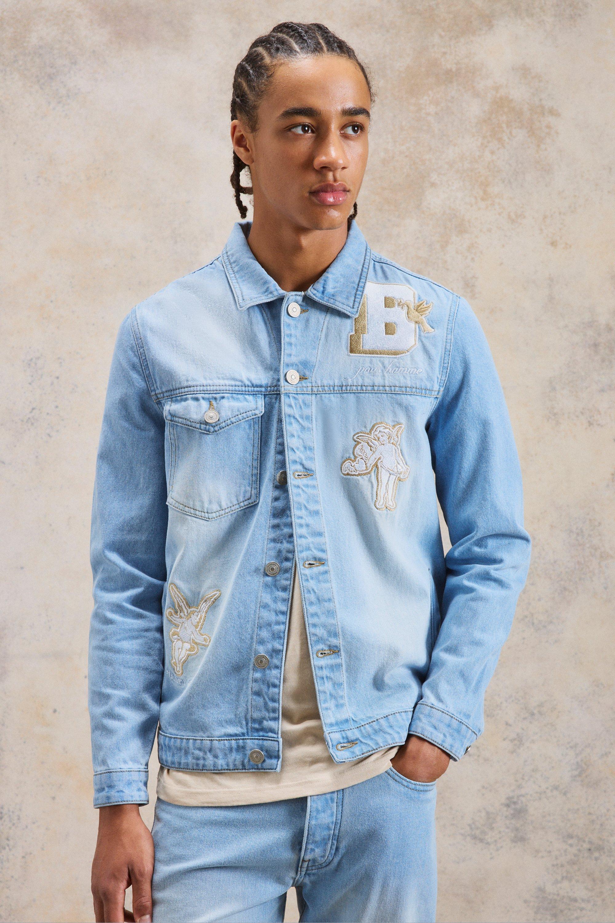 Ice blue Applique And Embroidered Denim Jacket