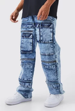 Blue Baggy Rigid Multi Pocket Cargo Jeans