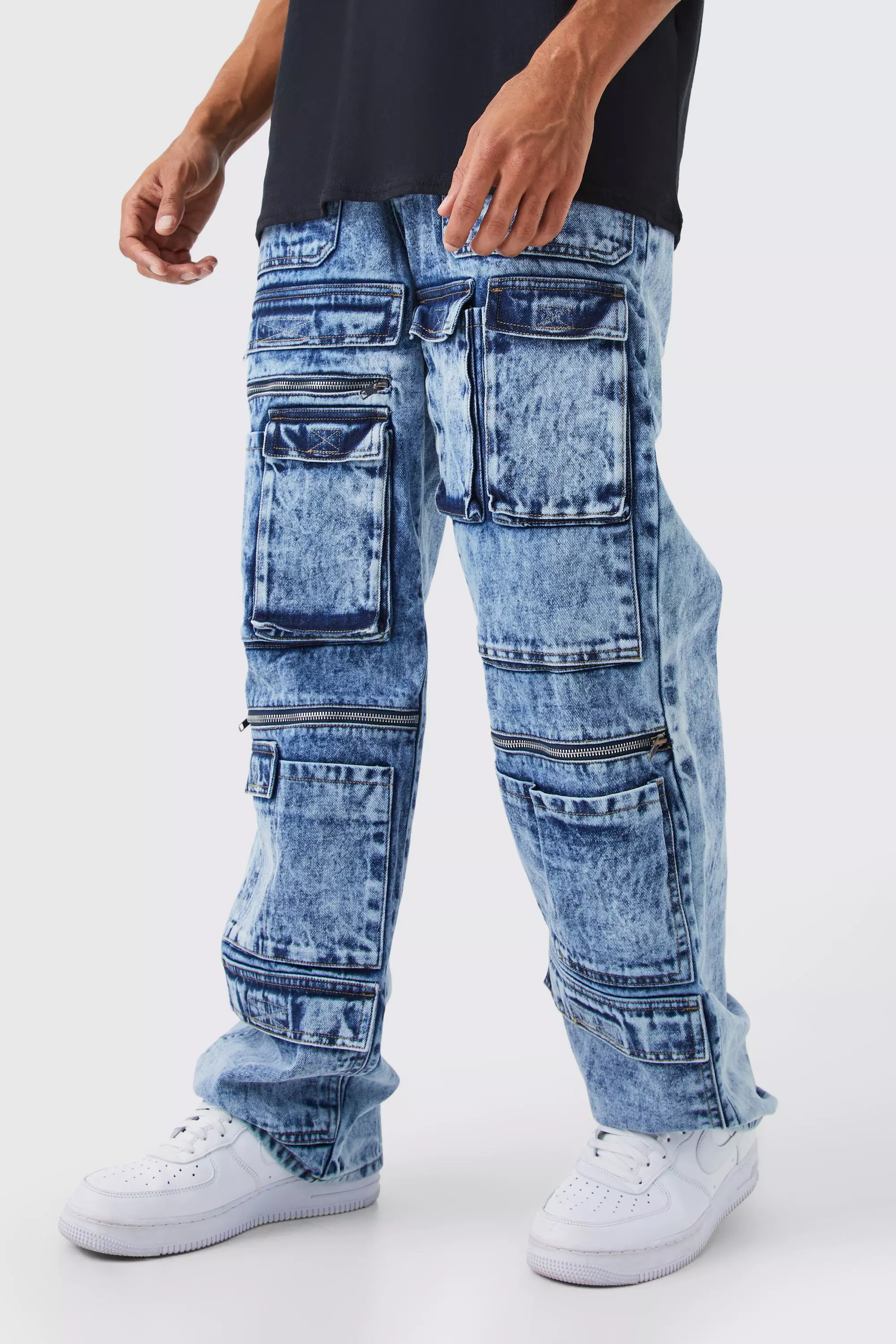 Baggy Rigid Multi Pocket Cargo Jeans Light blue