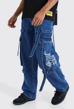 Blue Baggy Rigid Strap Detail Distressed Cargo Jeans