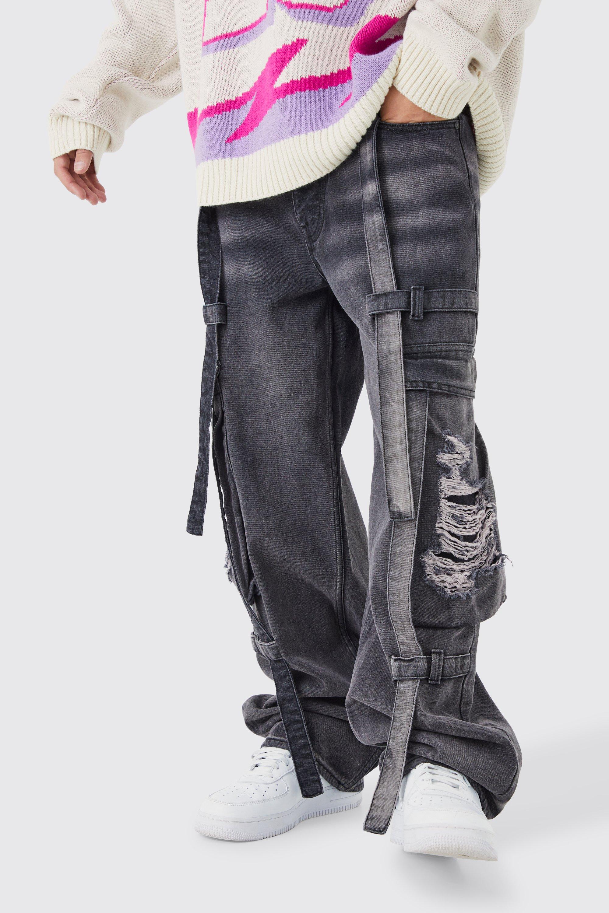 Baggy Rigid Strap Detail Distressed Cargo Jeans