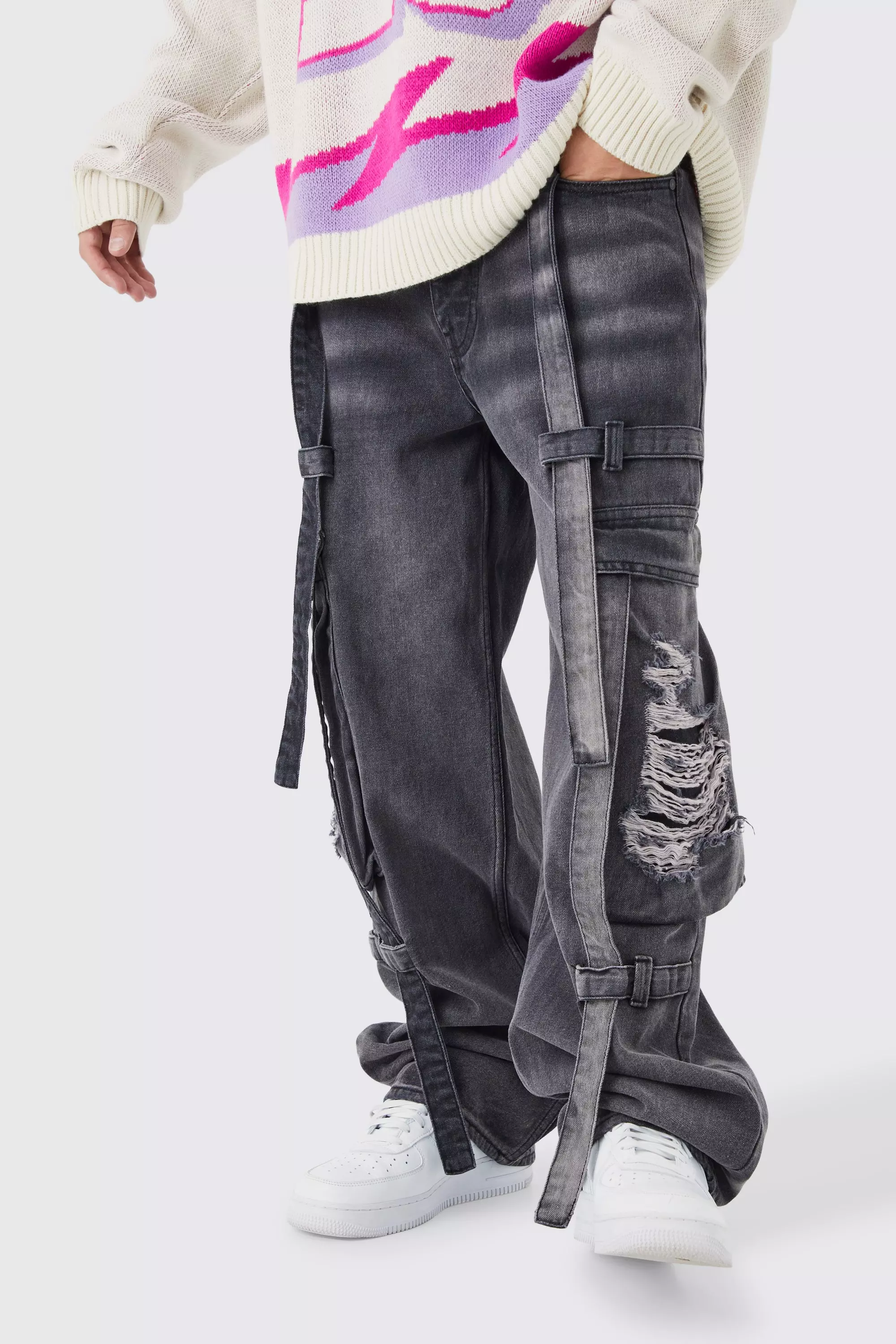 Purple Baggy Rigid Strap Detail Distressed Cargo Jeans