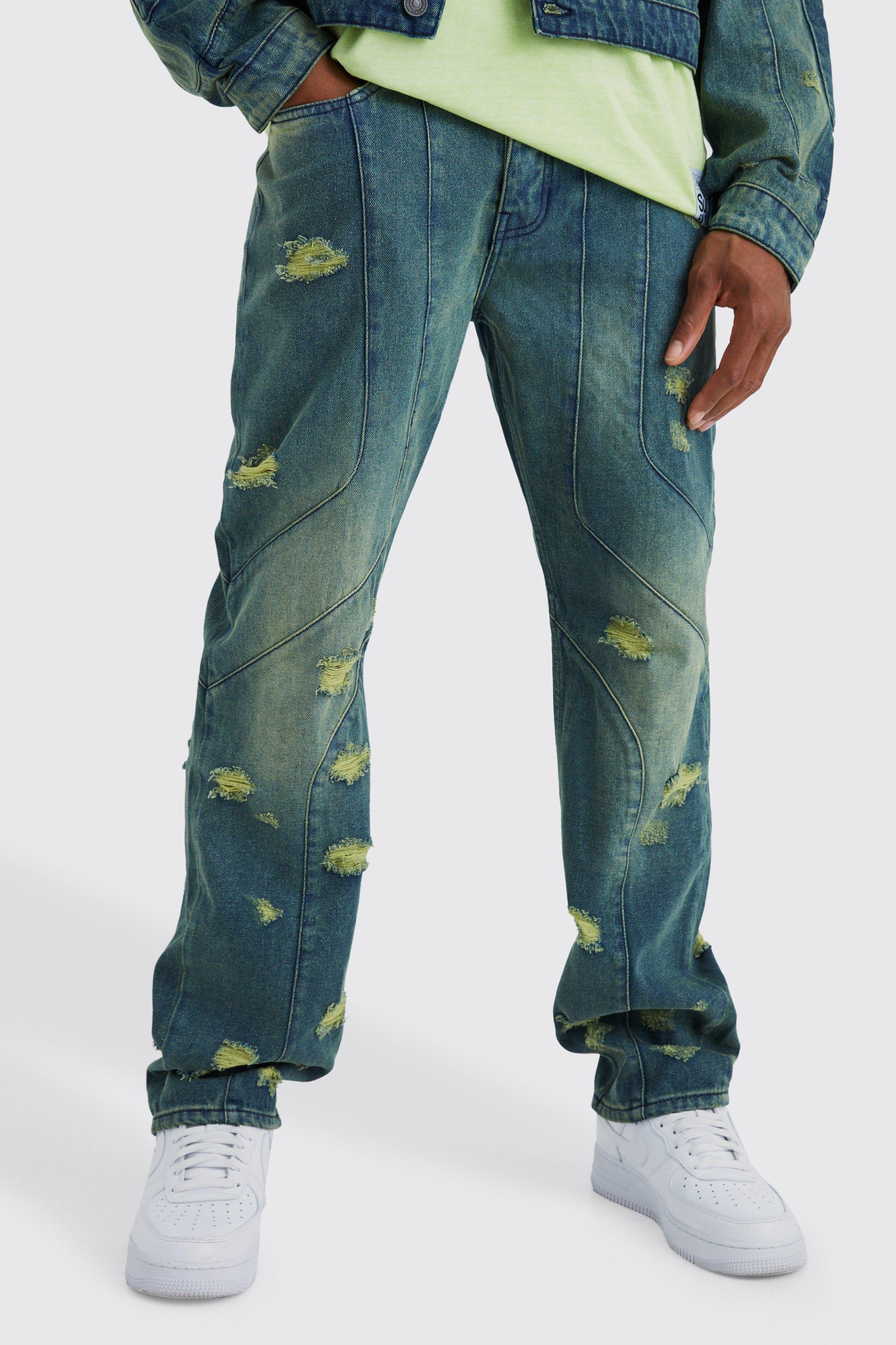 Green Relaxed Rigid Panelled Distressed Jeans