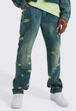 Relaxed Rigid Panelled Distressed Jeans Green