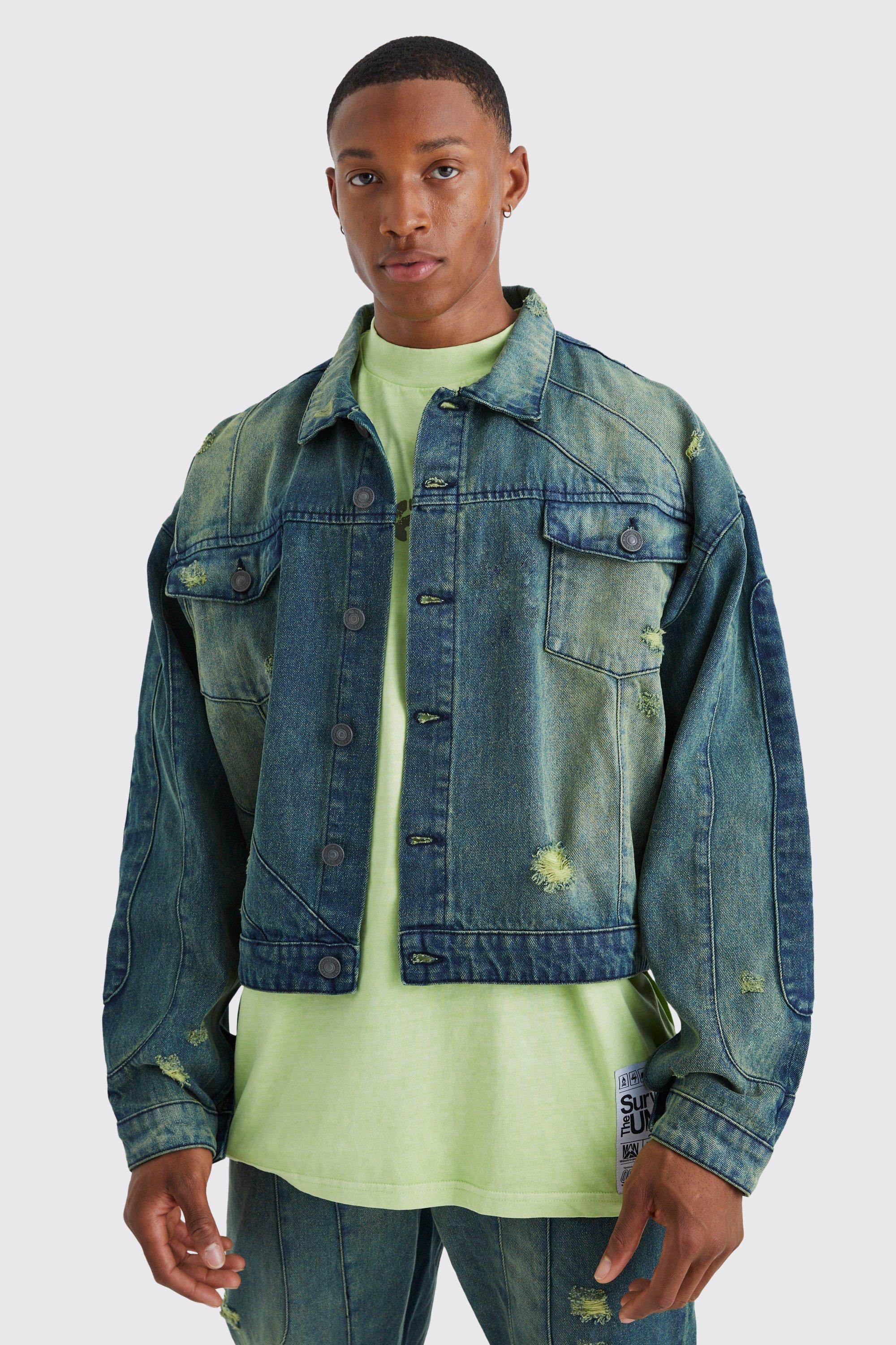 Green Boxy Fit Panelled Tinted Denim Jacket