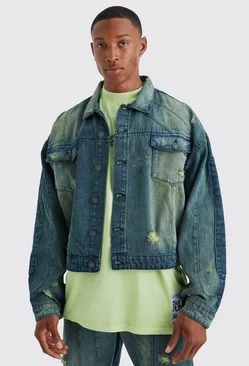 Boxy Fit Panelled Tinted Denim Jacket Green
