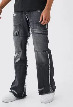 Black Relaxed Rigid Flare Frayed Edge Cargo Jeans