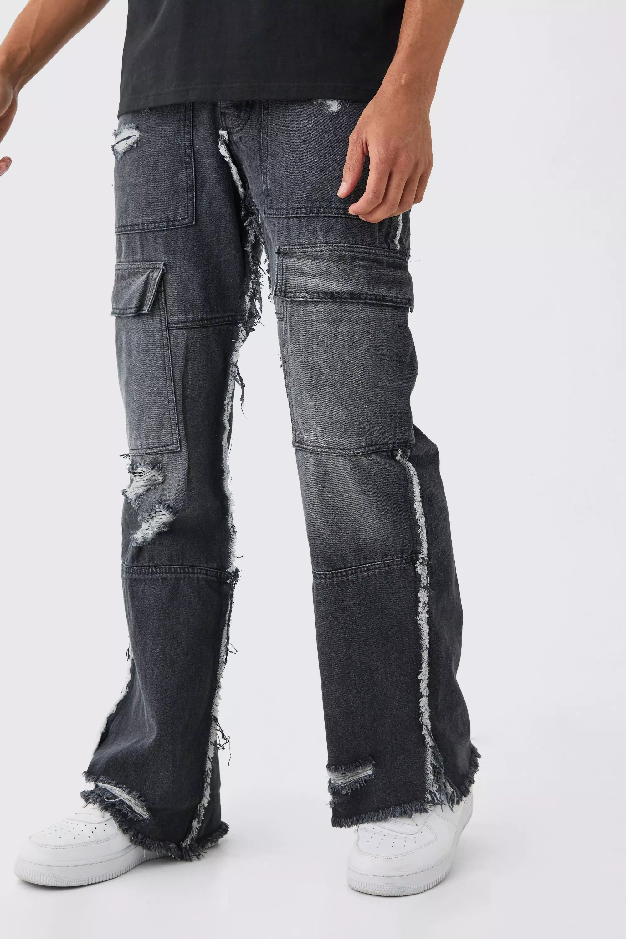 Ash Grey Relaxed Rigid Flare Frayed Edge Cargo Jeans