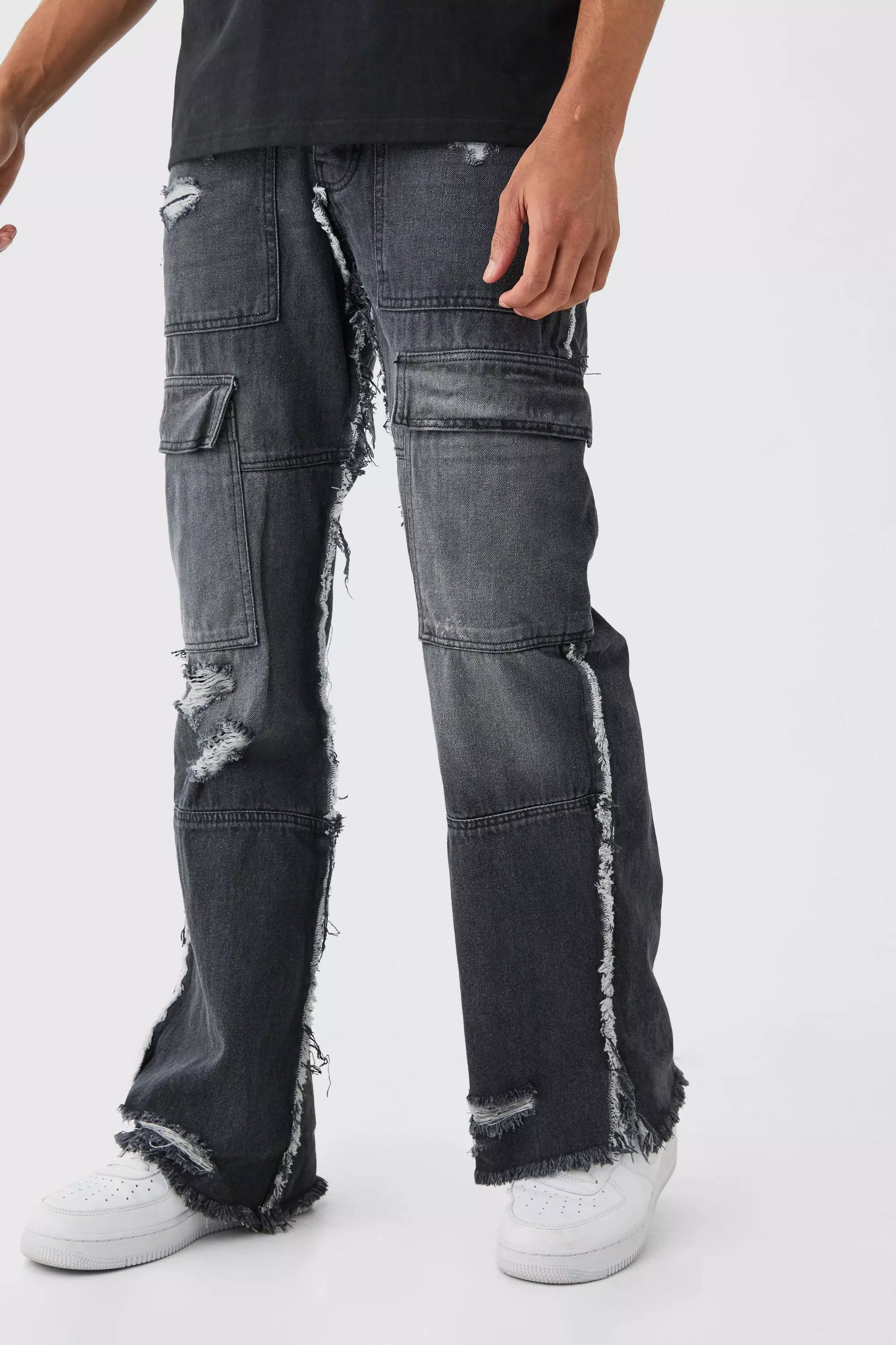 Relaxed Rigid Flare Frayed Edge Cargo Jeans | boohooMAN USA
