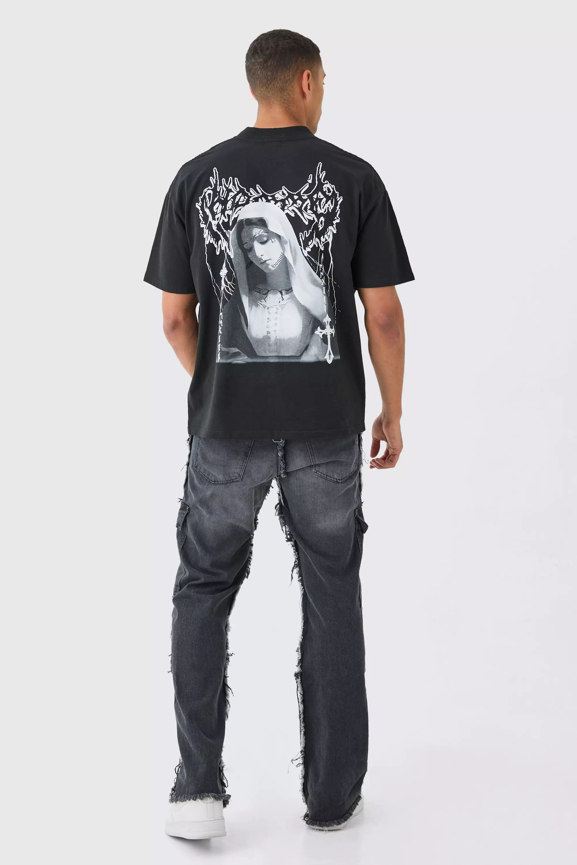 Relaxed Rigid Flare Frayed Edge Cargo Jeans | boohooMAN USA