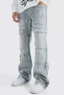 Grey Relaxed Rigid Flare Frayed Edge Cargo Jeans