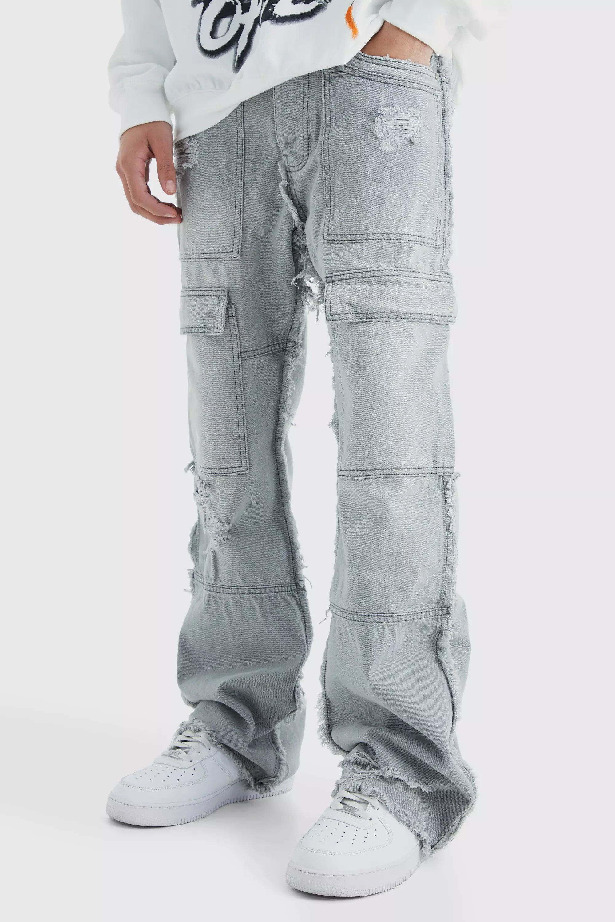 Grey Relaxed Rigid Flare Frayed Edge Cargo Jeans