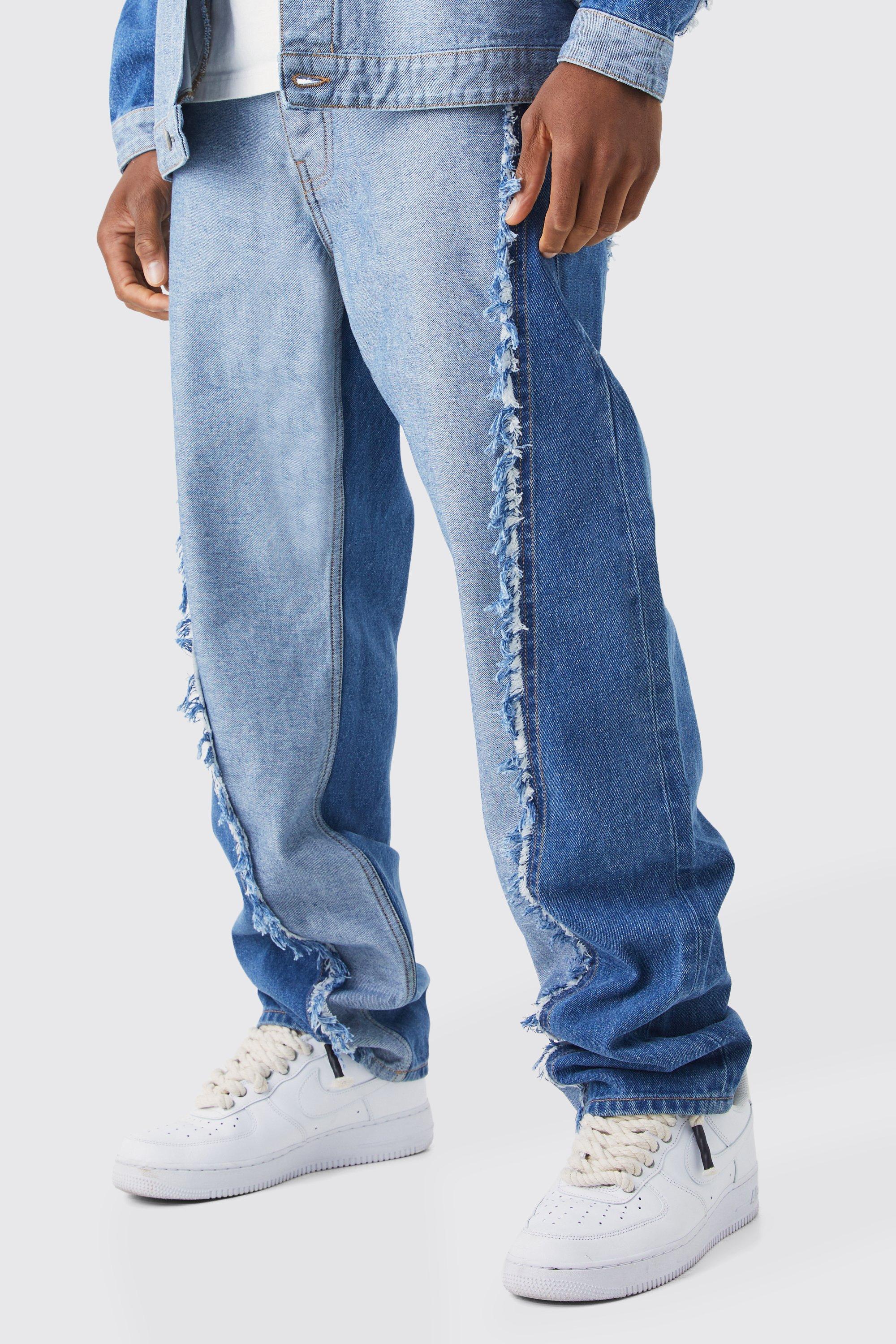 Lockere gespleißte Jeans mit ausgefranstem Saum, Mid blue