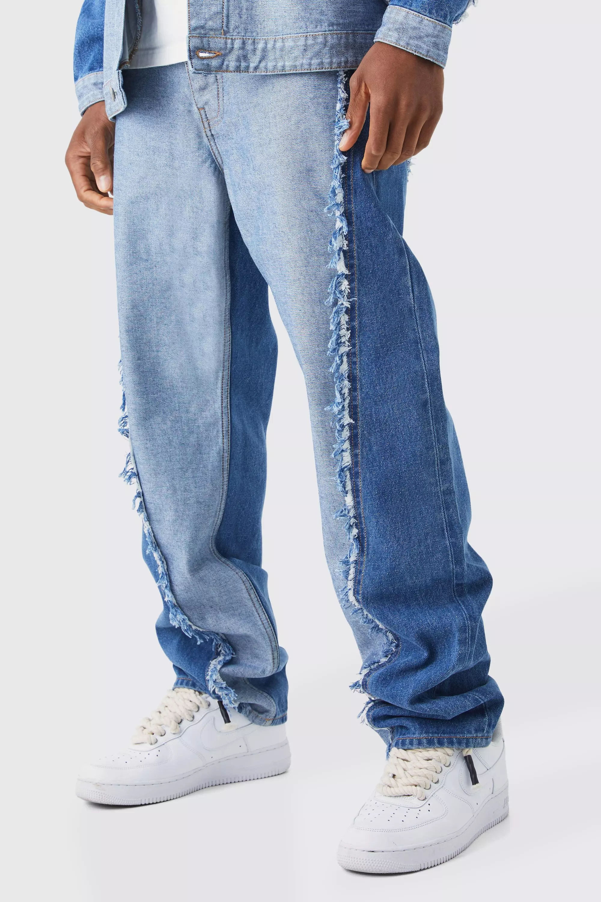 Relaxed Rigid Spliced Frayed Edge Jeans Mid blue