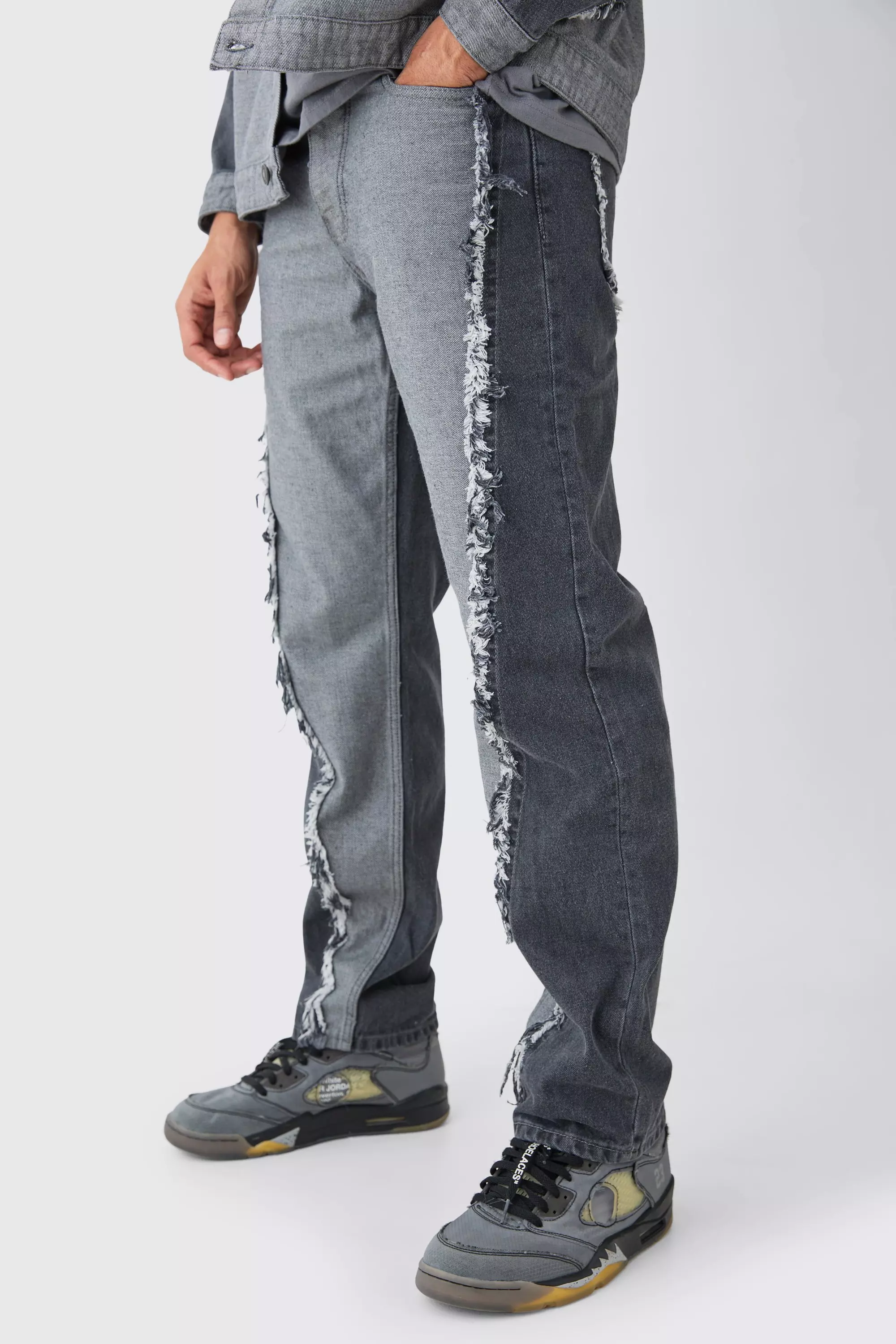 Relaxed Rigid Spliced Frayed Edge Jeans Mid grey