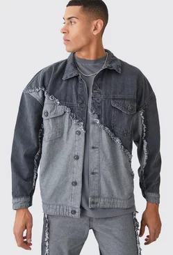 Oversized Spliced Frayed Edge Denim Jacket Mid grey
