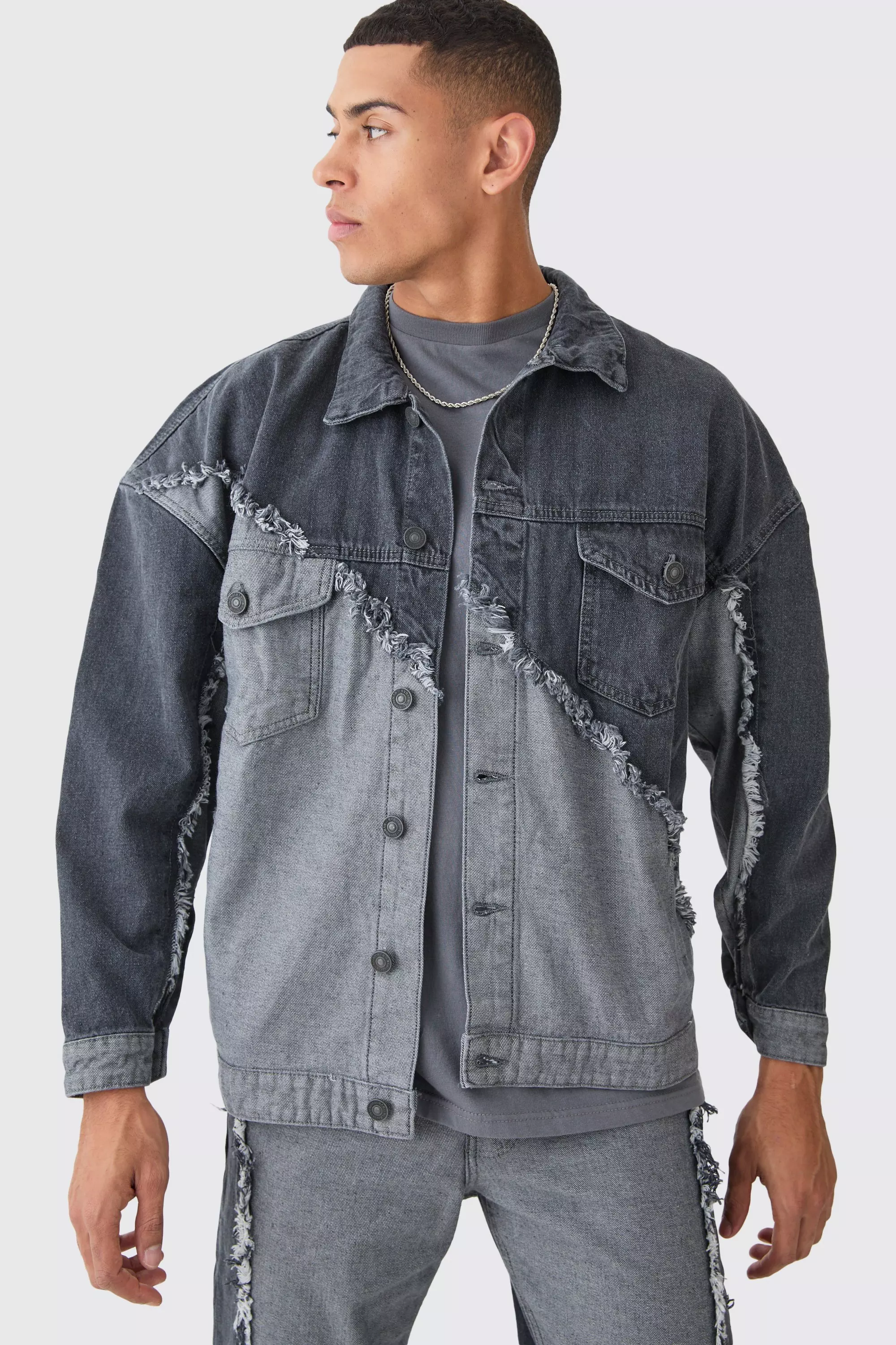 Grey Oversized Spliced Frayed Edge Denim Jacket