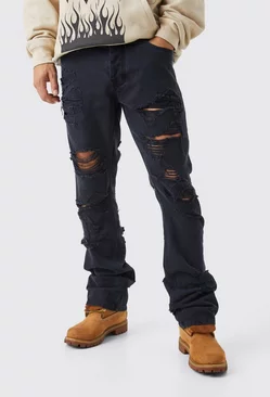 Black Slim Rigid Flare Self Fabric Applique Official Jeans