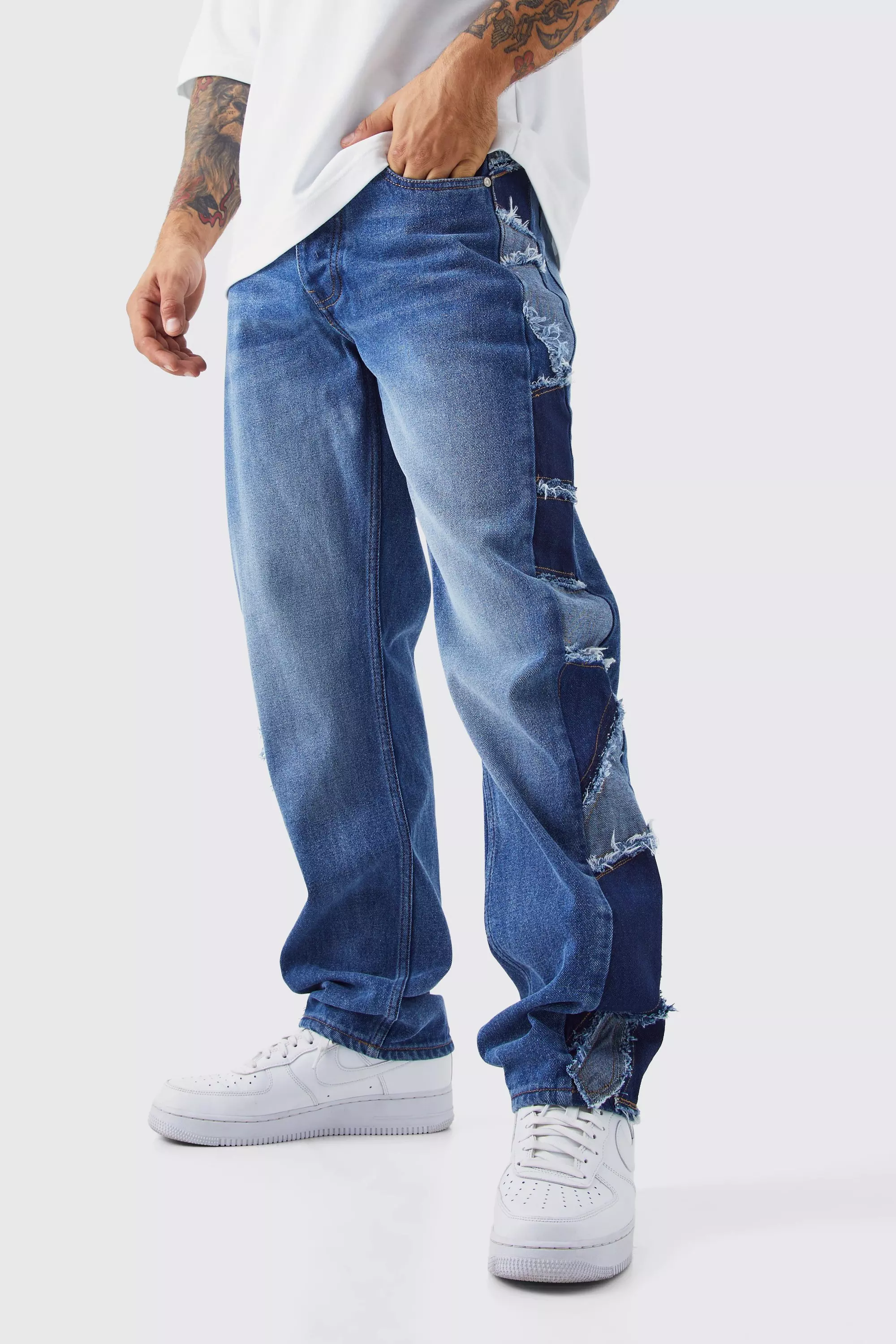 Blue Relaxed Rigid Patchwork Side Panel Jeans
