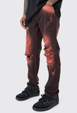 Red Straight Rigid Tinted Bleached Ripped Jeans