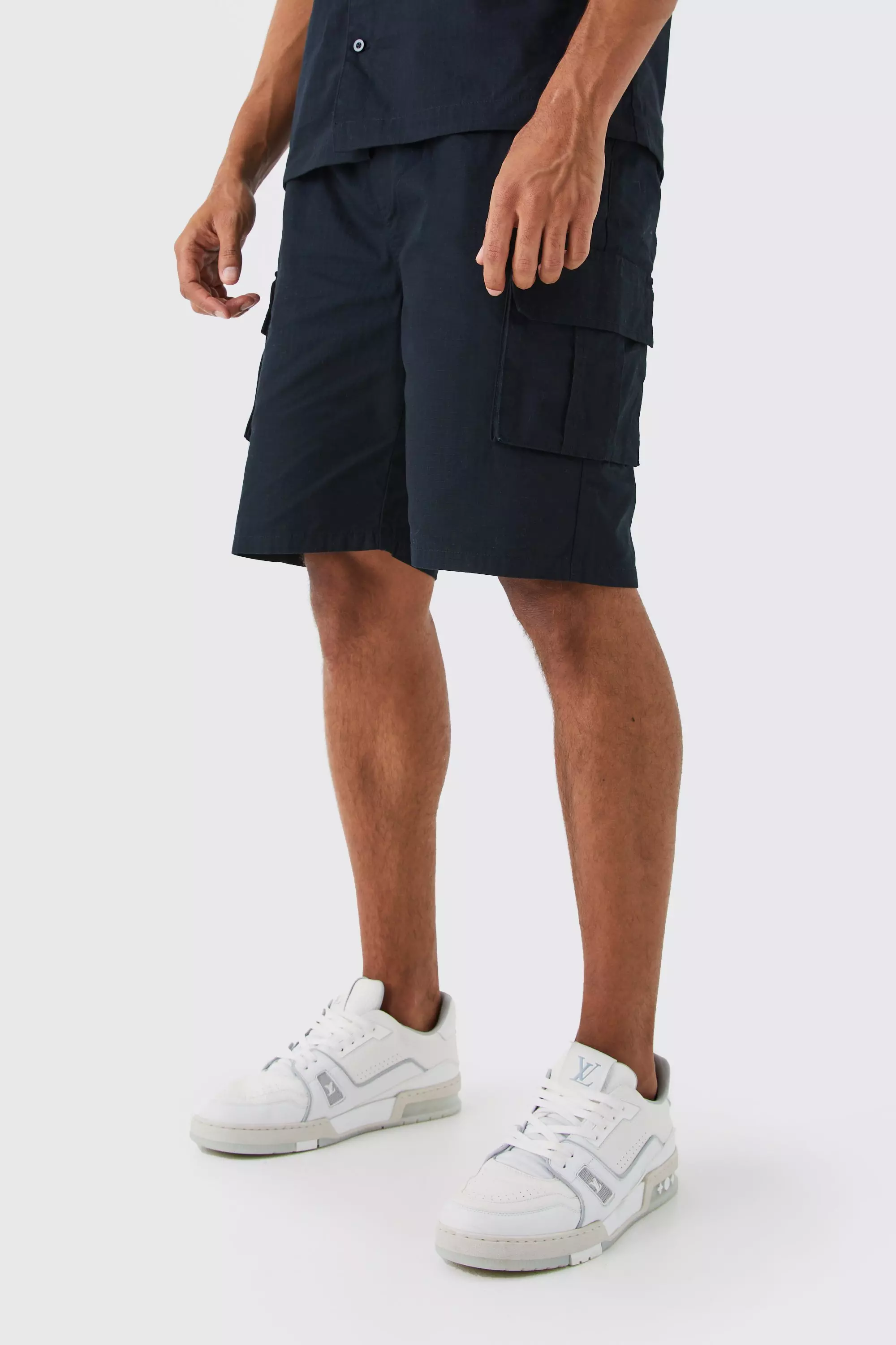 Elasticated Waistband Ripstop Relaxed Cargo Short Black