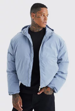 Boxy Peached Nylon Hooded Puffer Blue
