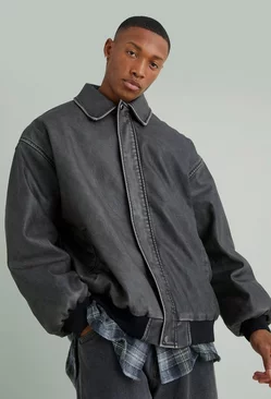 Oversized Distressed Pu Bomber With Panel Charcoal
