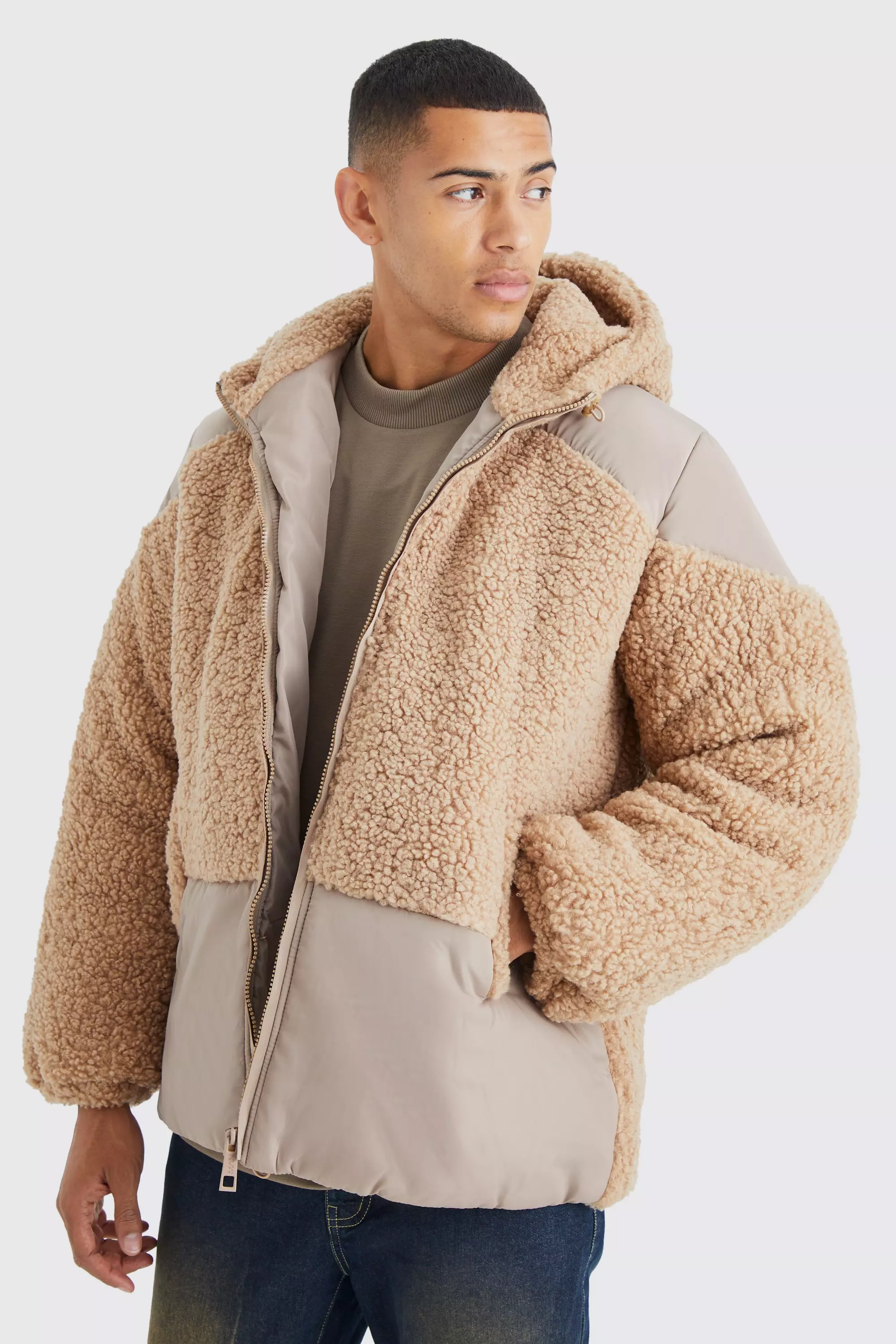 Beige Borg & Nylon Mix Puffer