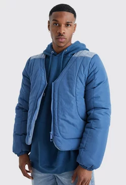 Blue Boxy Curved Quilted Puffer