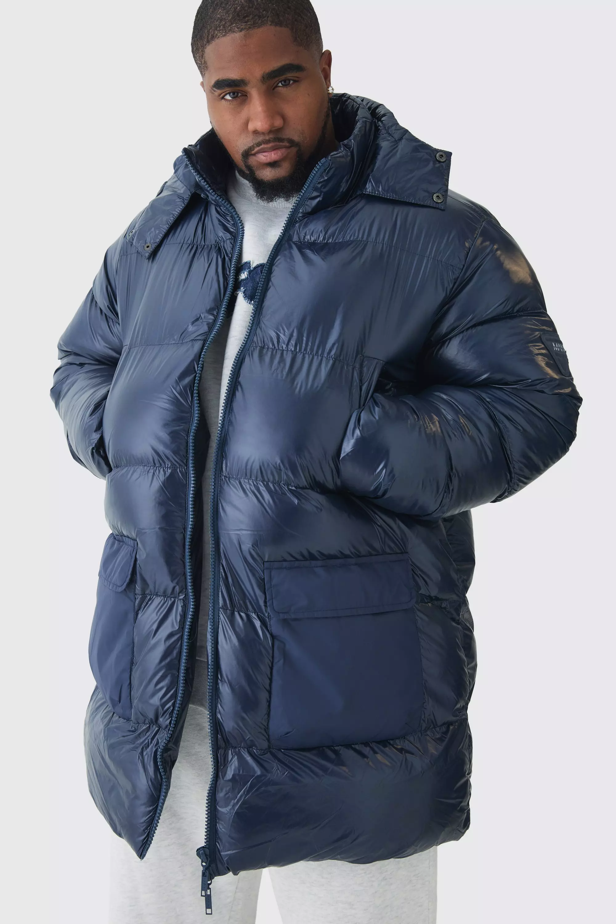 Navy Plus High Shine Mid Length Puffer