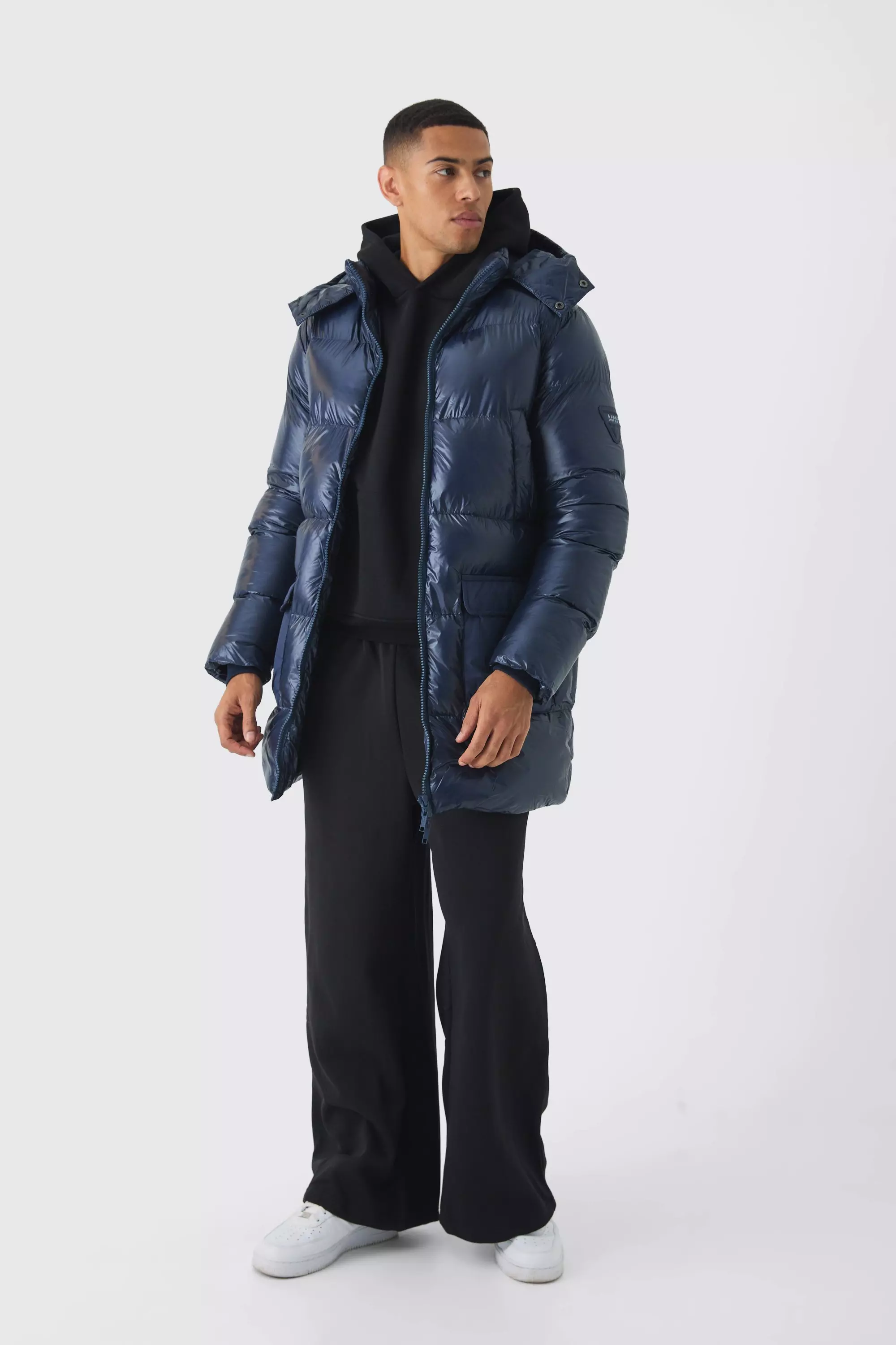 High Shine Nylon Mid Length Puffer boohooMAN UK