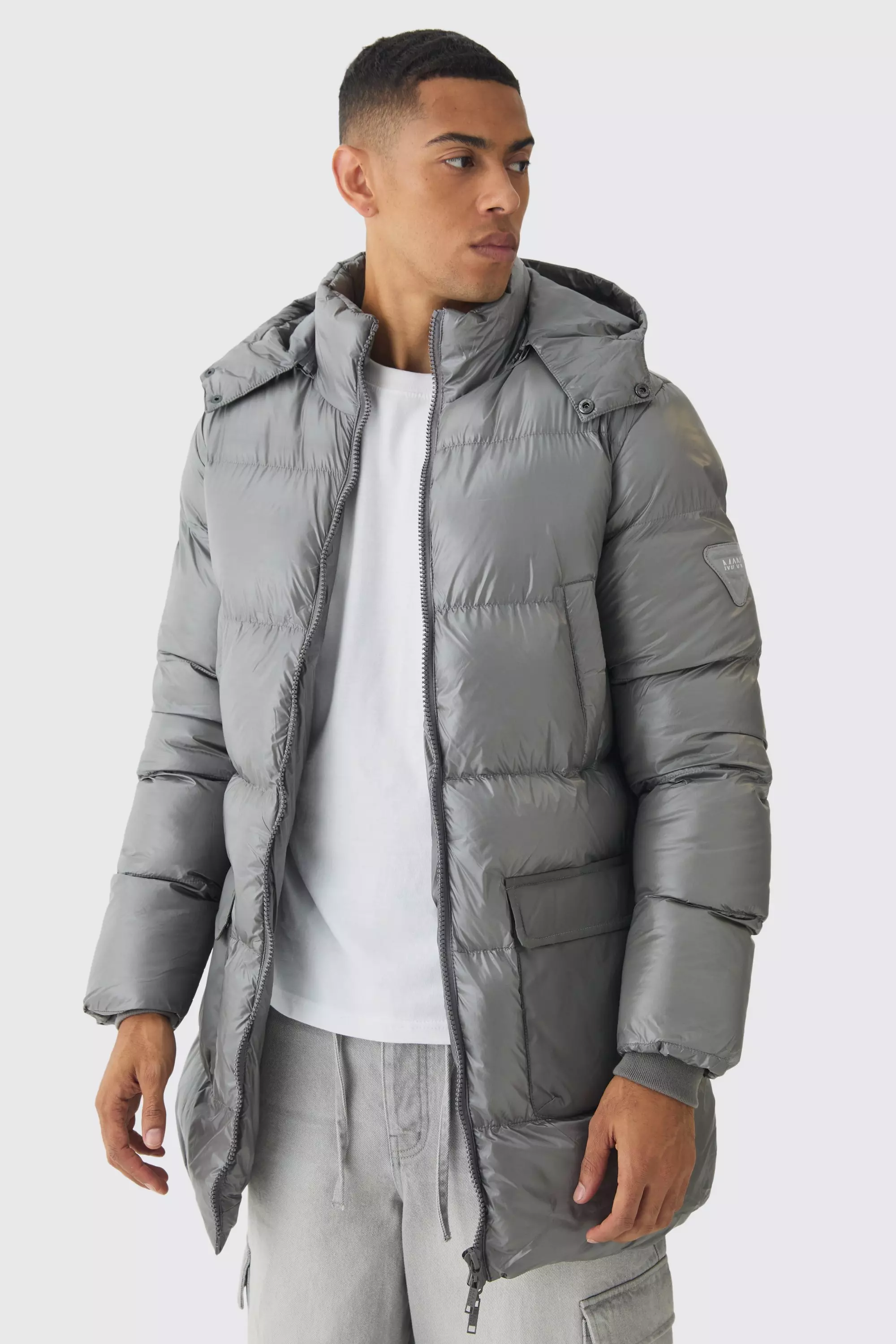 Grey High Shine & Nylon Mid Length Puffer