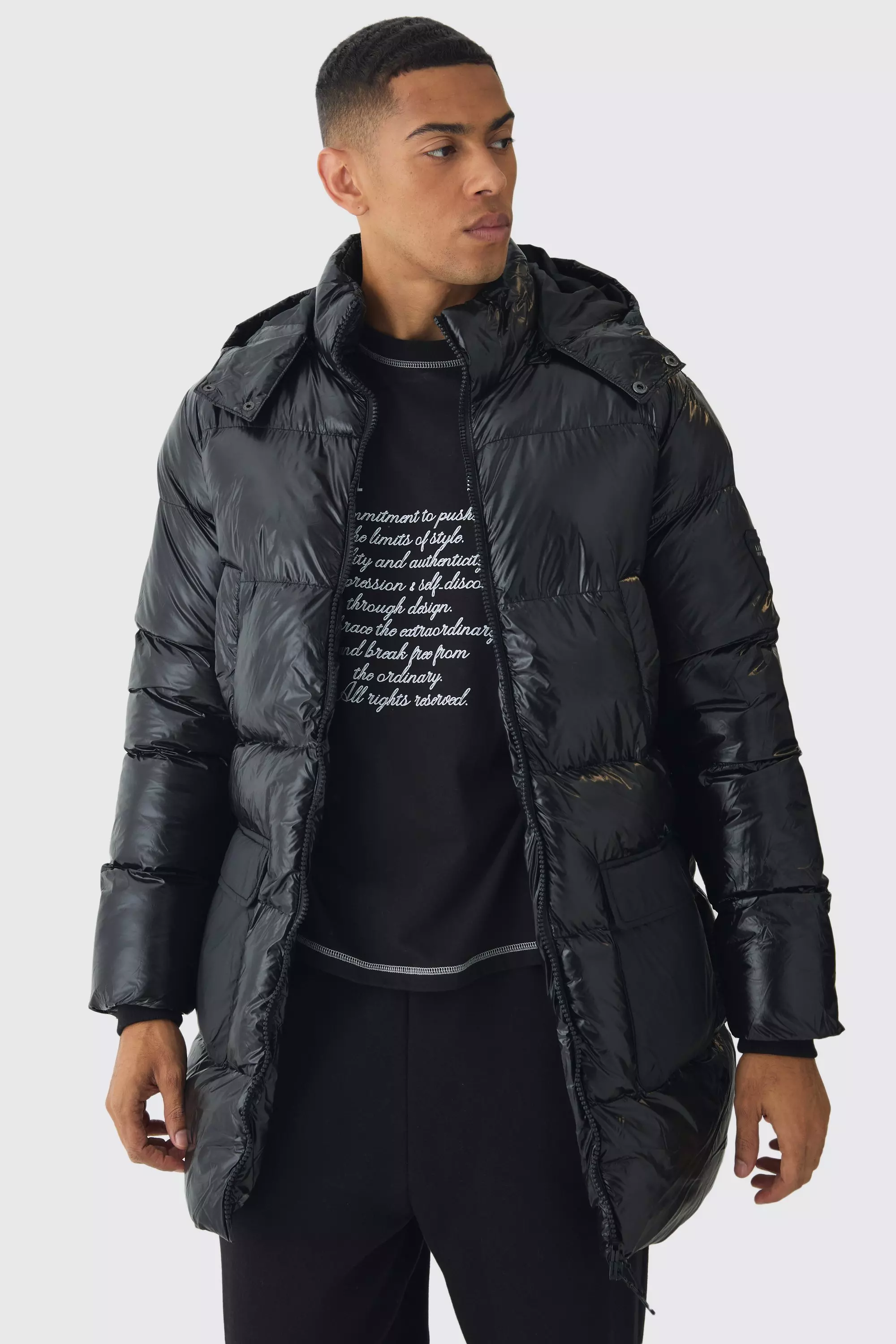 BoohooMAN Men s High Shine Nylon Mid Length Puffer Black Casual Jackets