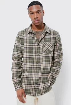 Long Sleeve Flannel Grid Flannel Shirt Brown