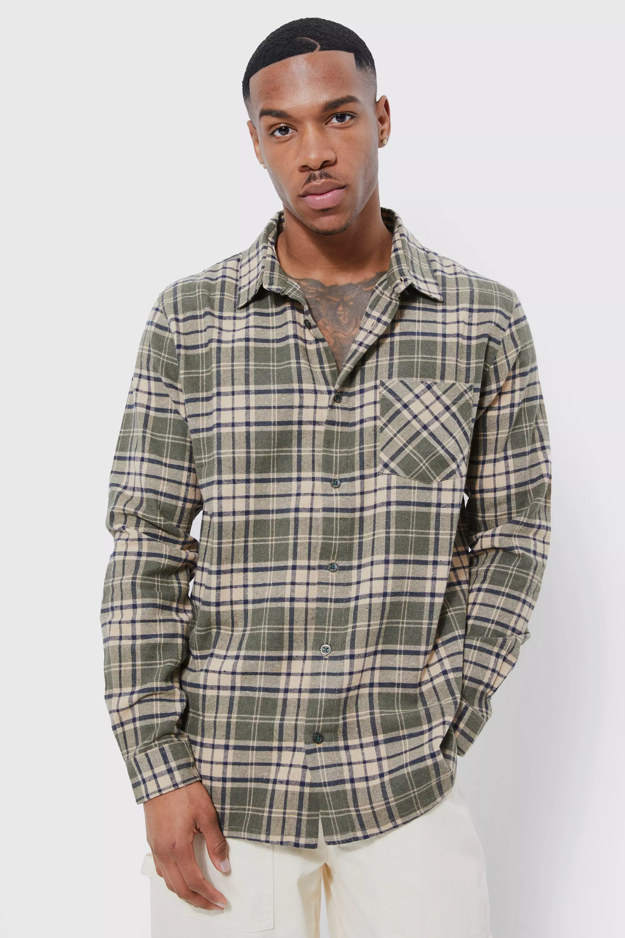 Brown Long Sleeve Flannel Grid Flannel Shirt