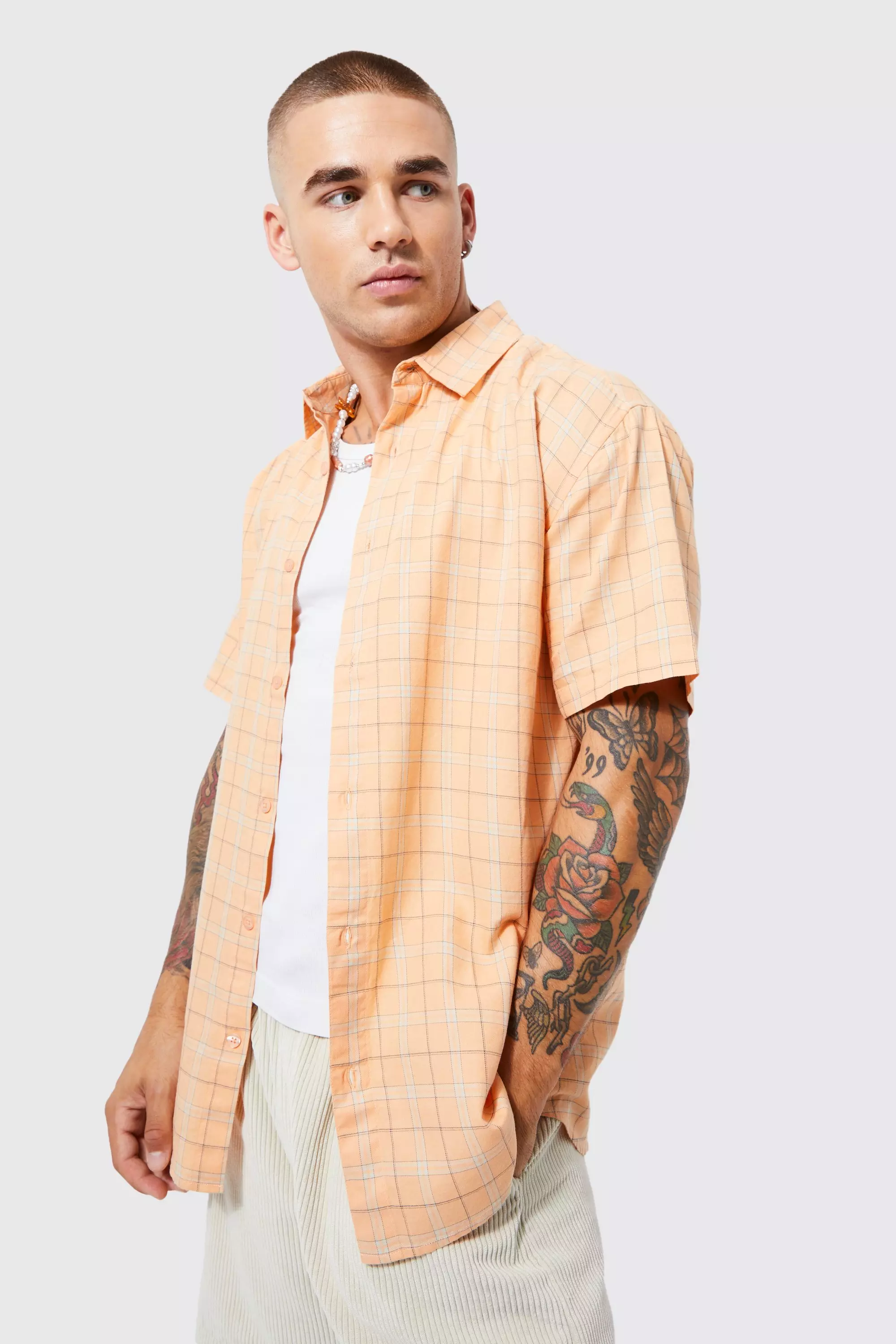 Orange Short Sleeve Oversized Lightweight Flannel Shirt