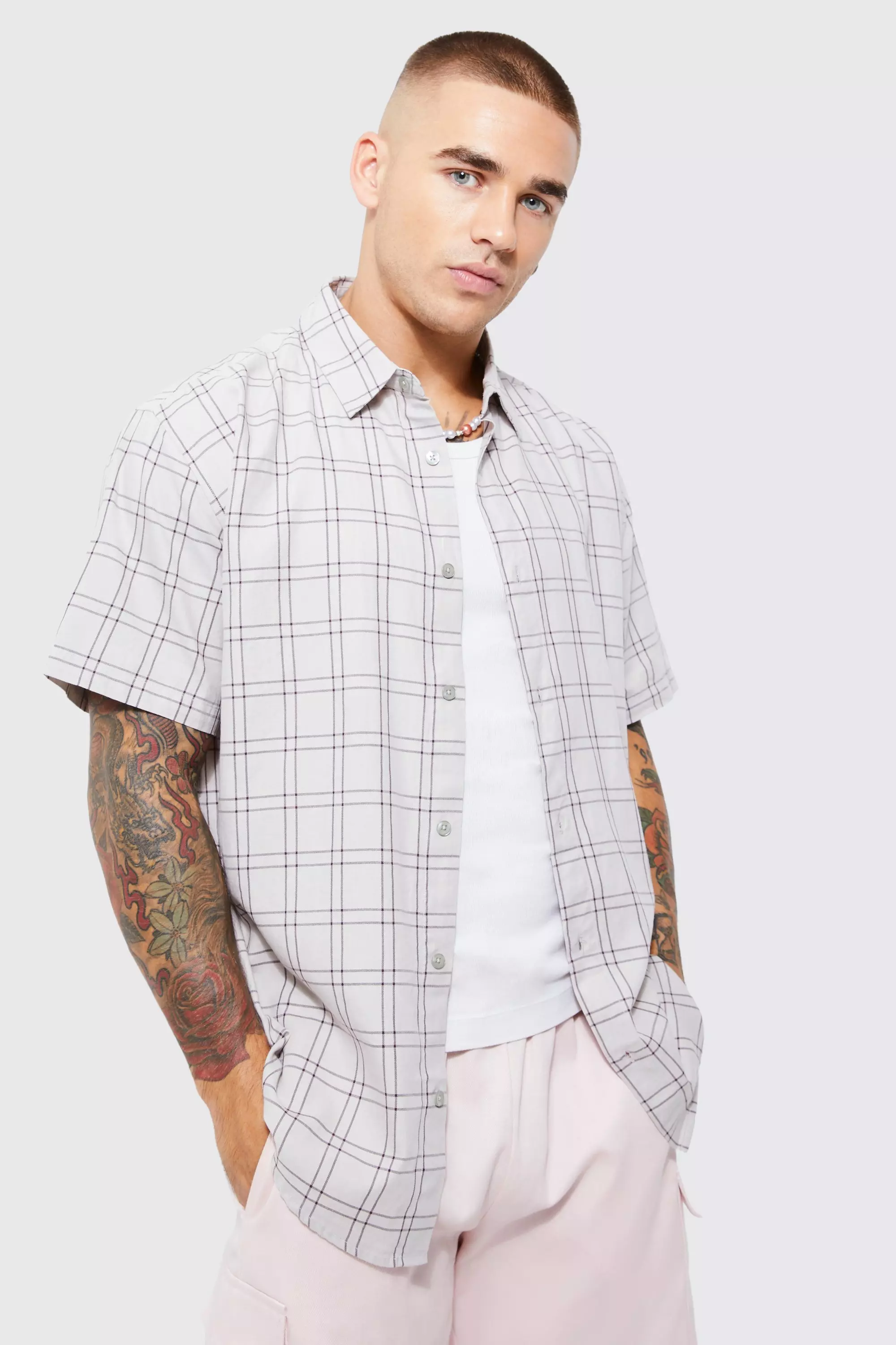 Stone Beige Short Sleeve Oversized Lightweight Flannel Shirt