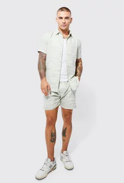Short Sleeve Contrast Linen Slub Shirt & Short sage