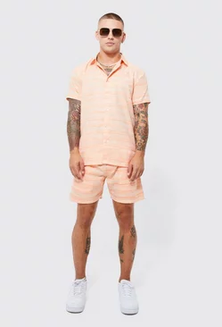 Short Sleeve Contrast Linen Slub Shirt & Short orange