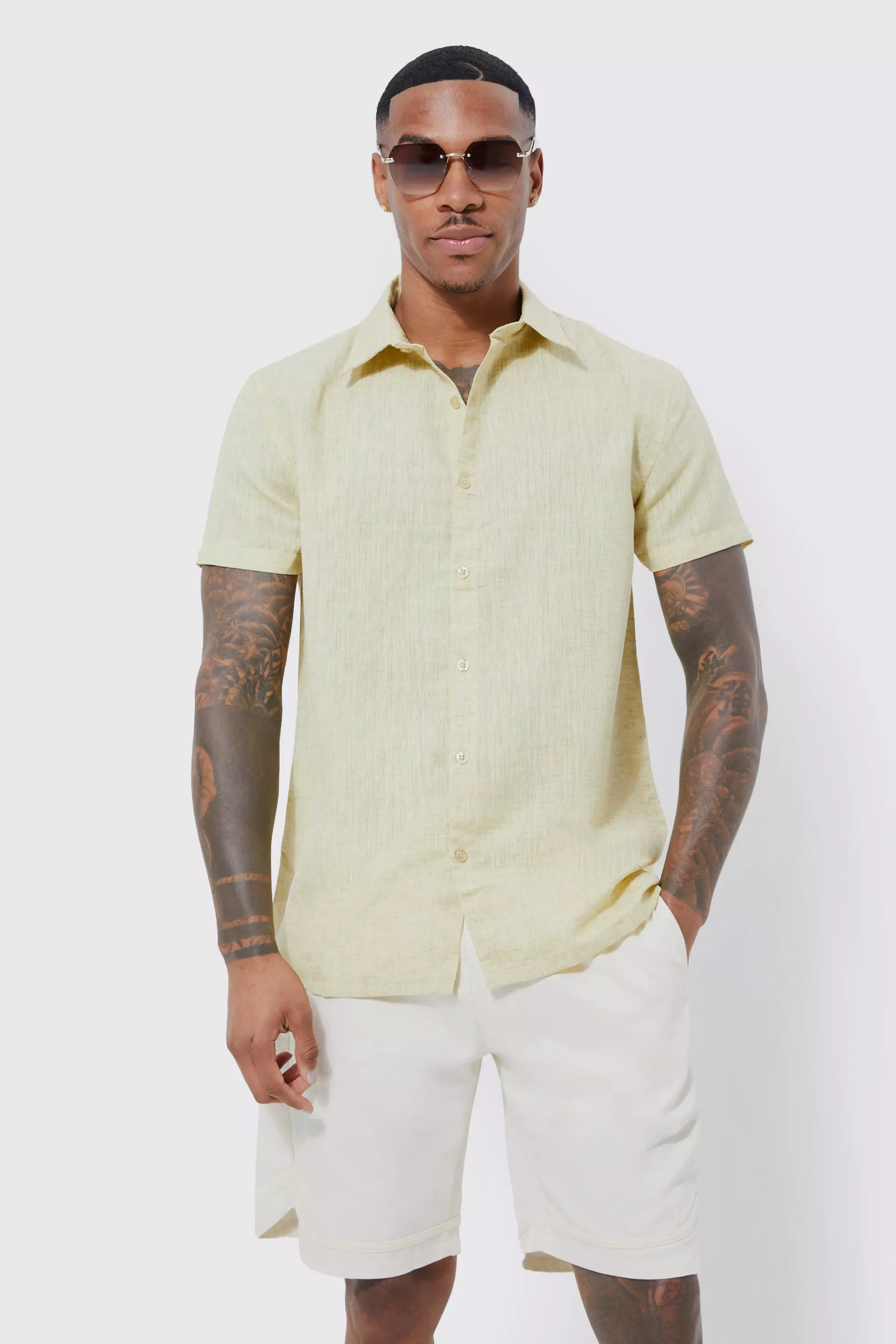 Short Sleeve Contrast Linen Look Slub Shirt stone
