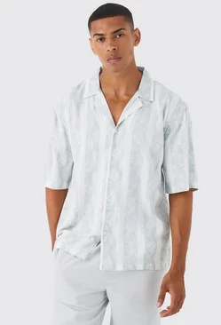 Short Sleeve Viscose Palm Stripe Shirt Taupe