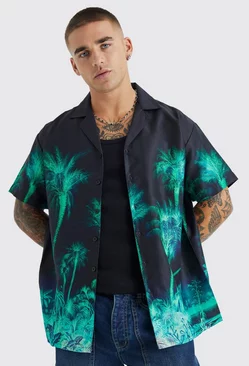 Black Short Sleeve Oversized Slub Palm Scene Shirt