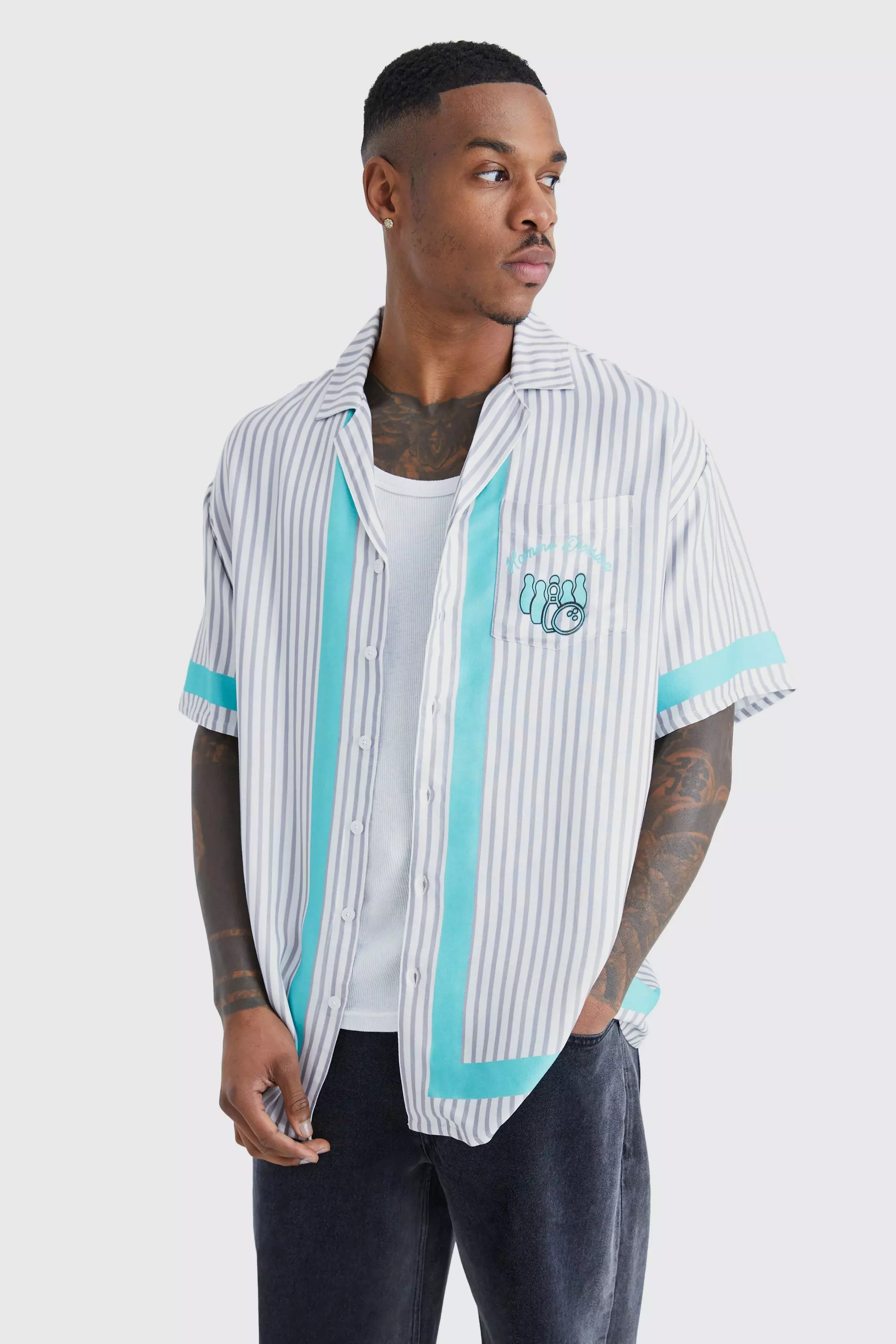 Short Sleeve Oversized Viscose Pinstripe Bowling Shirt Ecru