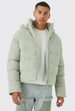 Heavyweight Brushed Knit Quilted Puffer With Hood Sage