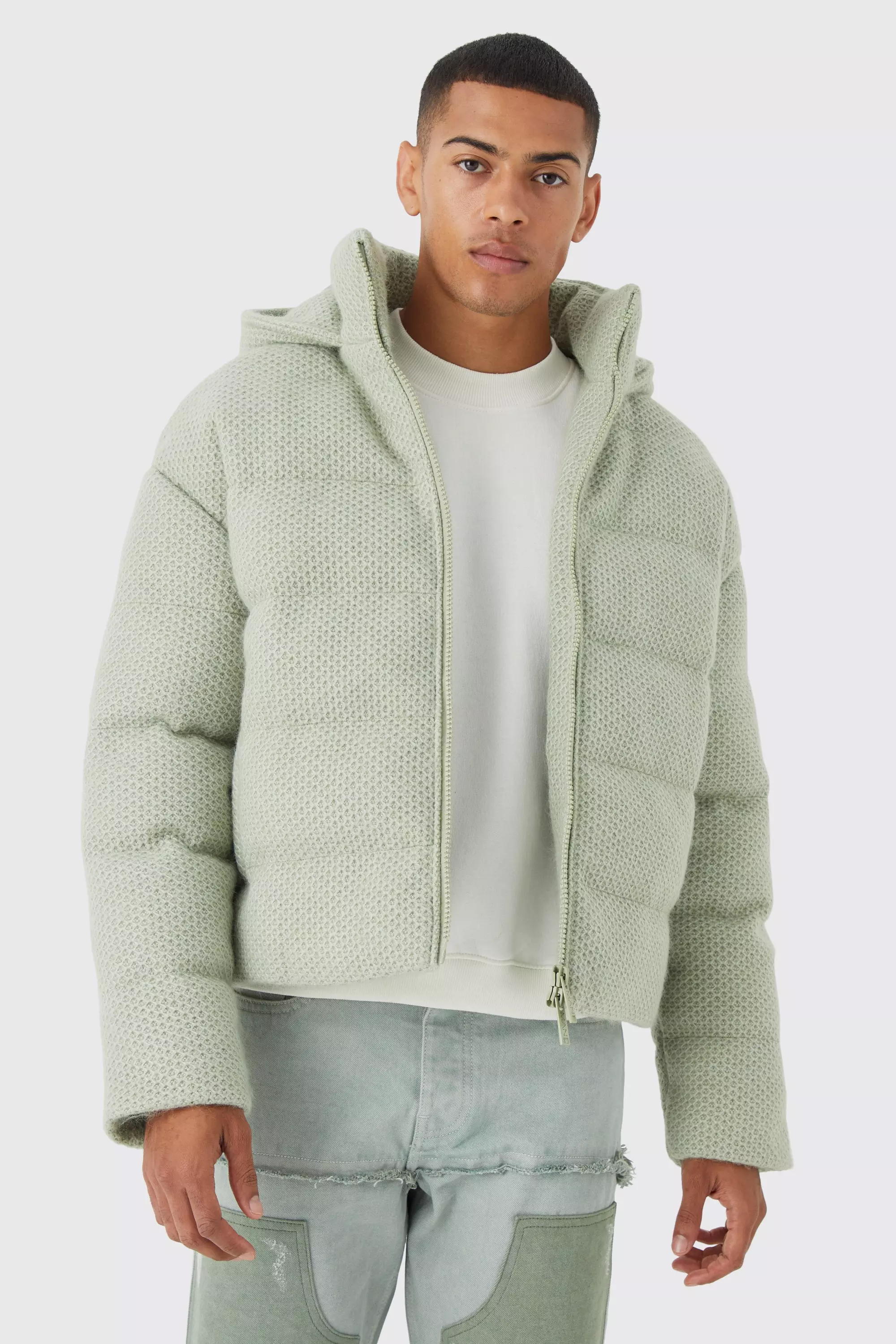 Sage Green Heavyweight Brushed Knit Quilted Puffer With Hood