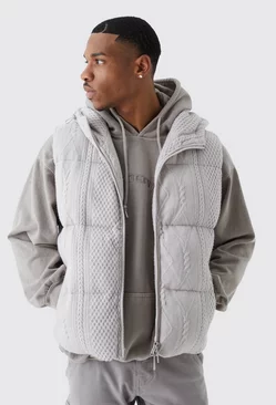 Heavyweight Cable Knitted Gilet With Hood pale grey