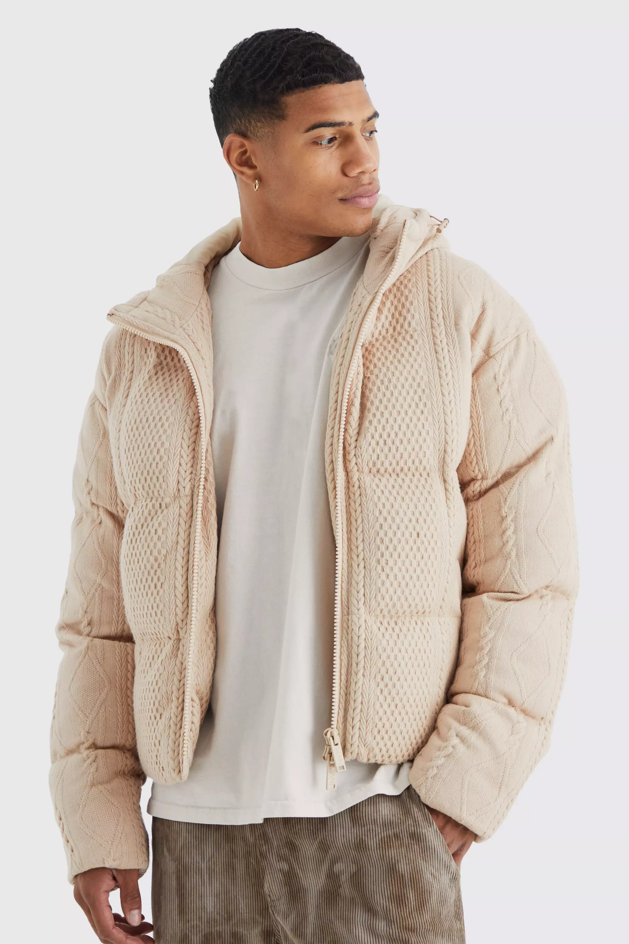 Sand Heavyweight Cable Knitted Puffer With Hood alternative image