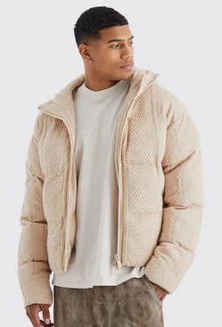 Heavyweight Cable Knitted Puffer With Hood Sand