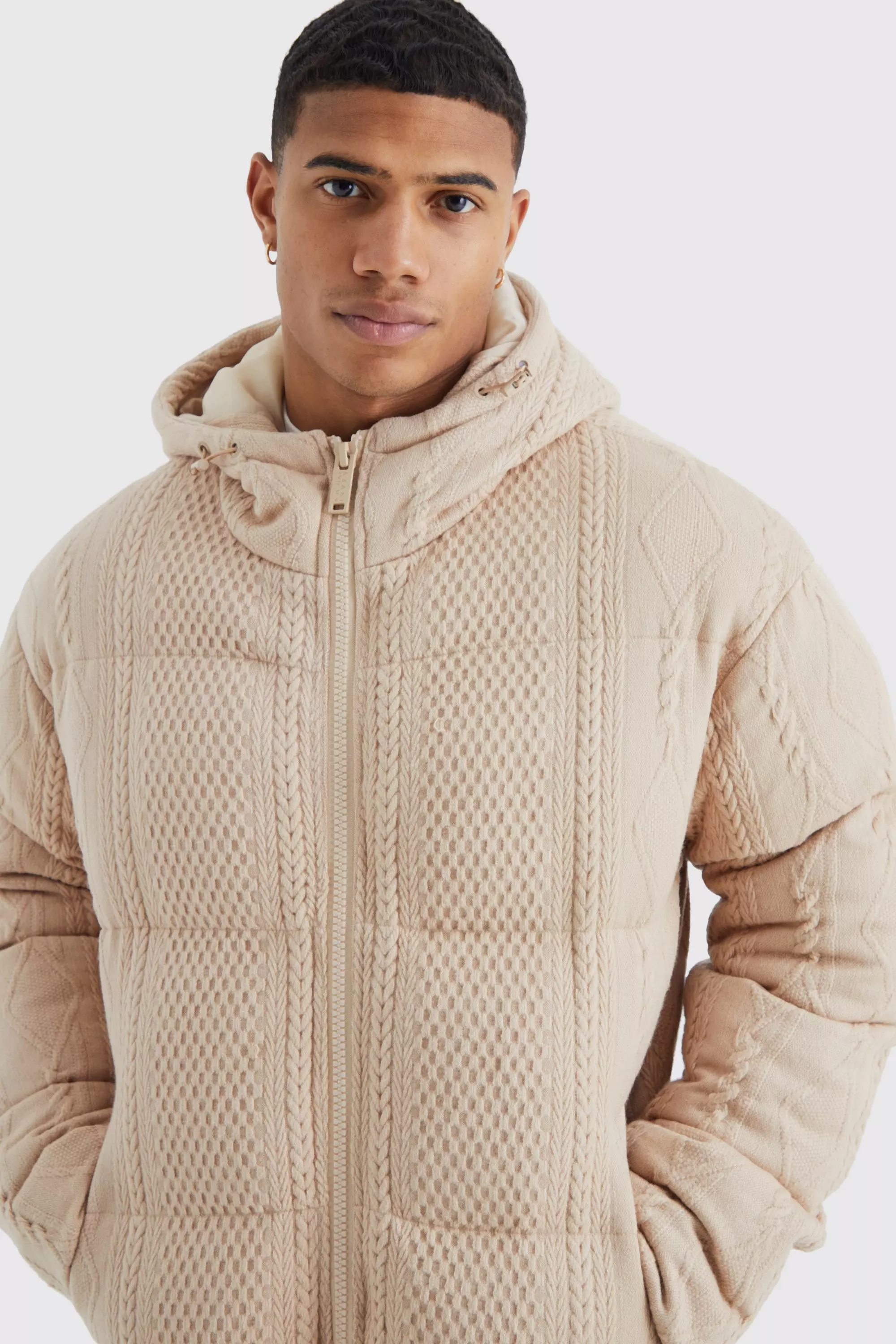 Sand Heavyweight Cable Knitted Puffer With Hood alternative image