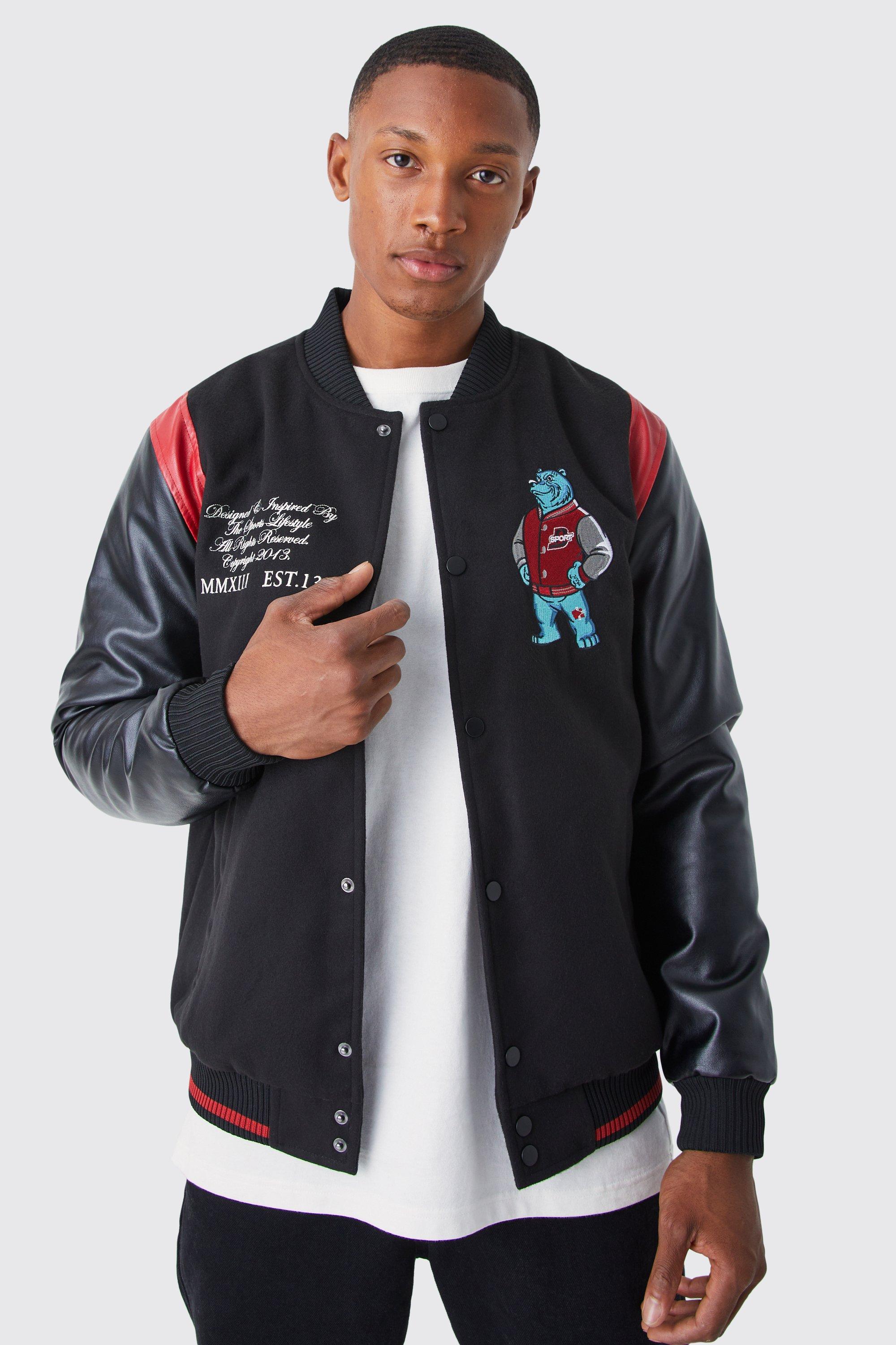 Melton & Pu Bear Badge Varsity Jacket | boohooMAN USA